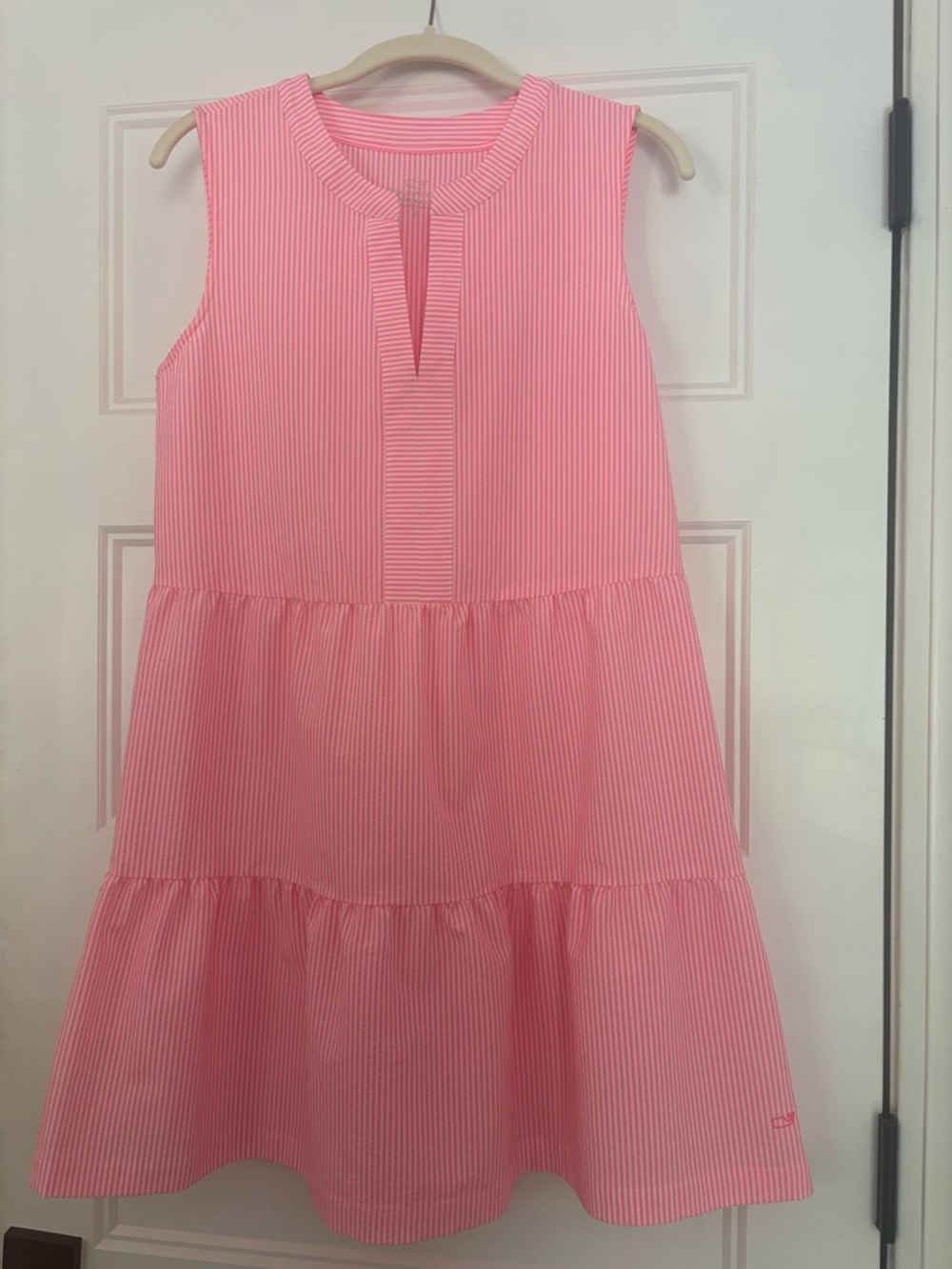 Vineyard Vines Girls Pink Striped Tiered Sleeveless Dress